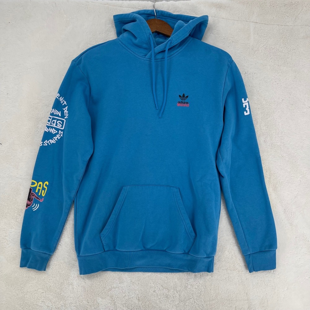 Adidas Originals Mens Blue Graphic Sleeve Trefoil Hoodie Sweatshirt Medium